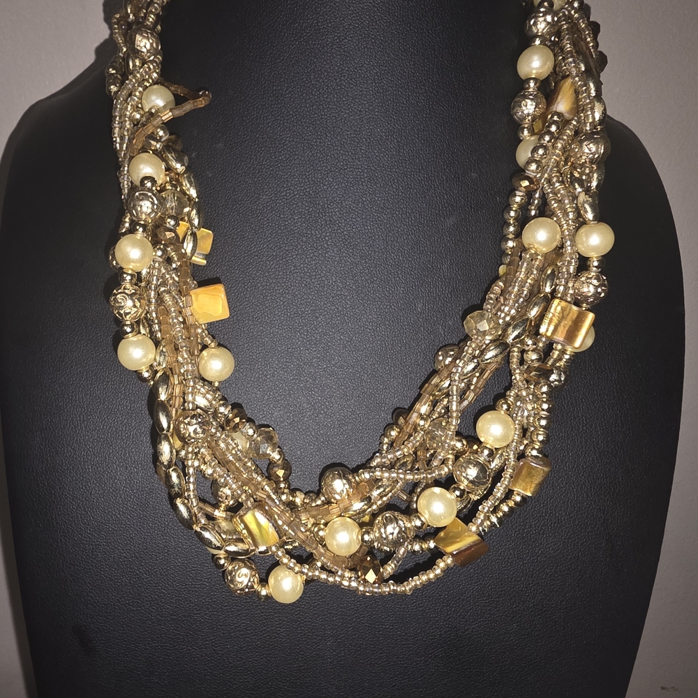 Gold and Cream Multi Beaded Necklace. Disco Necklace. Fun. Vibrant.